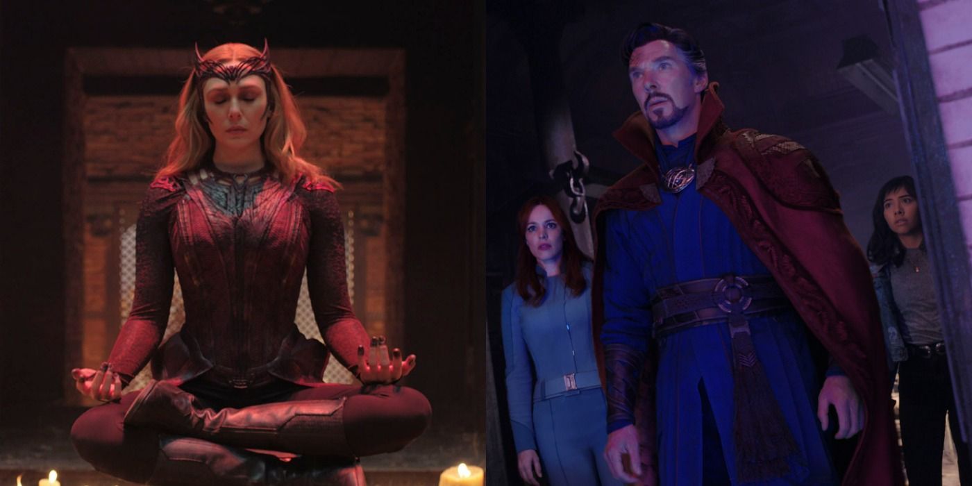 Split image of Wanda meditating, and Doctor Strange, Dr. Palmer &amp; America Chavez in Doctor Strange 2