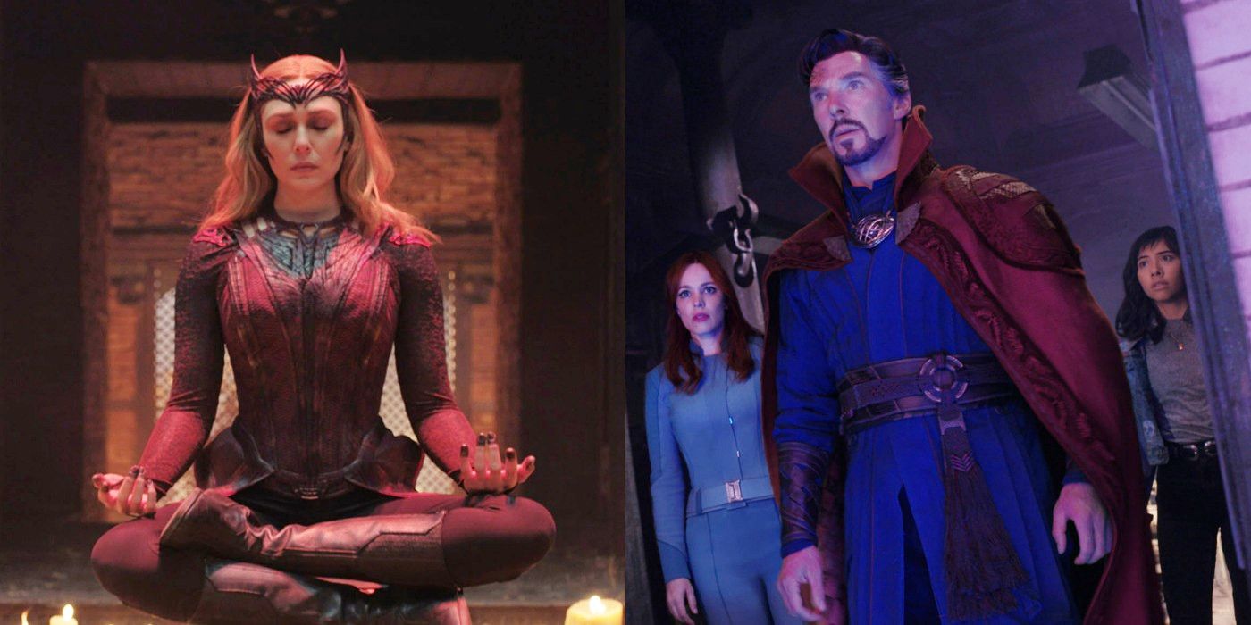 Split image of Wanda meditating, and Doctor Strange, Dr. Palmer &amp; America Chavez in Doctor Strange 2
