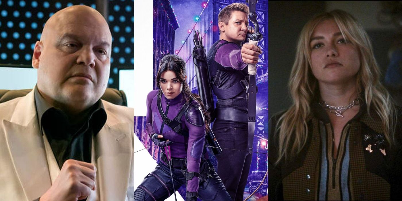 Split images of Wilson Fisk, Kate Bishop, Clint Barton, and Yelena Belova in Hawkeye