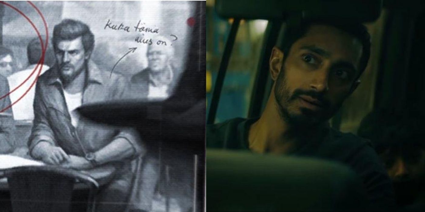 Imagens divididas de um esboço de Omar Khaled em Assassin's Creed Gold e Riz Ahmed sentado em um carro