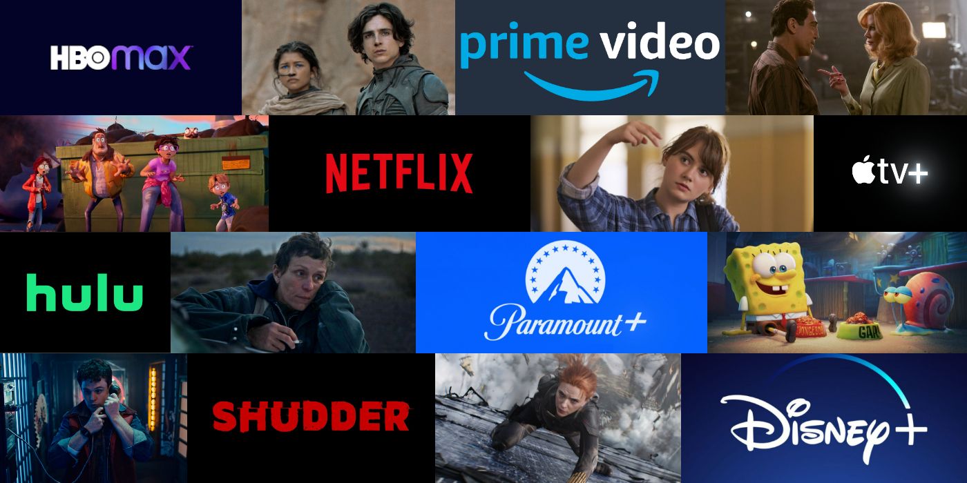 Split images of all the streaming service logos and movies