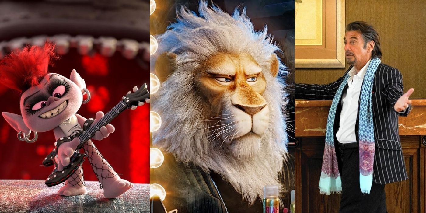 Split images of stills from Trolls 2, Sing 2, and Danny Collins