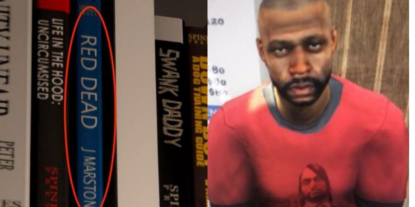 Split images of the book Red Dead and an NPC wearing a John Marston t-shirt in GTA V