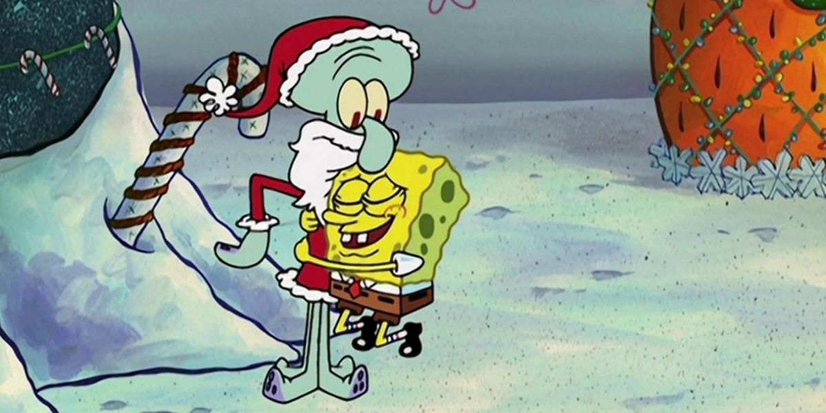 SpongeBob hugging Santa Squidward