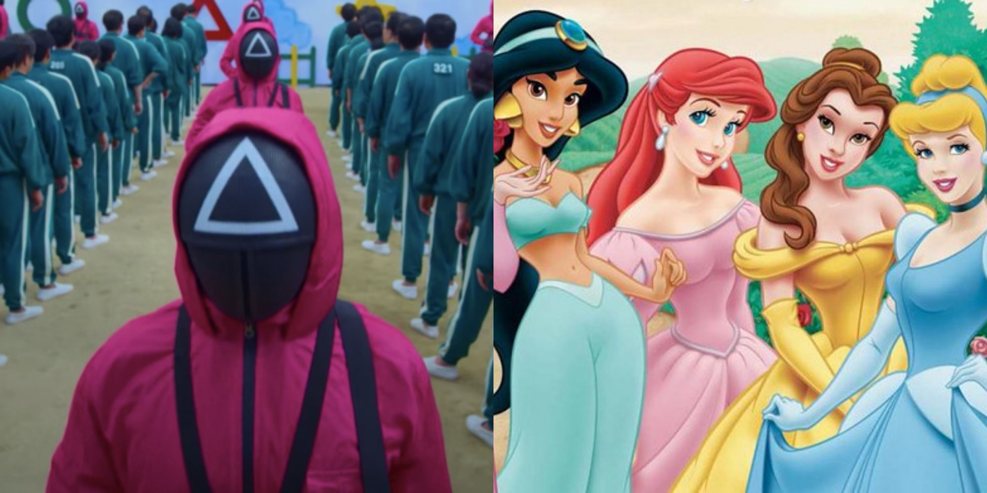 Split image showing the guards from Squid Game and four Disney Princesses