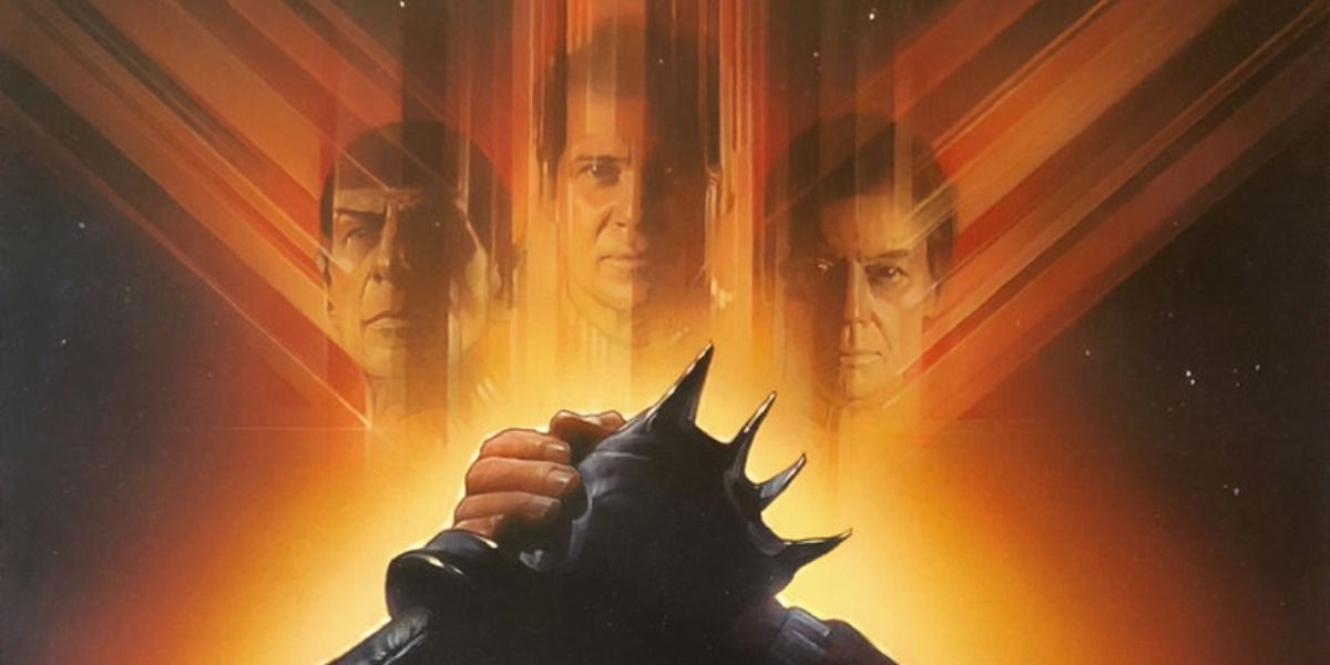 A poster for Star Trek VI with Kirk, Spock, and McCoy witnessing humans and Klingons come together.