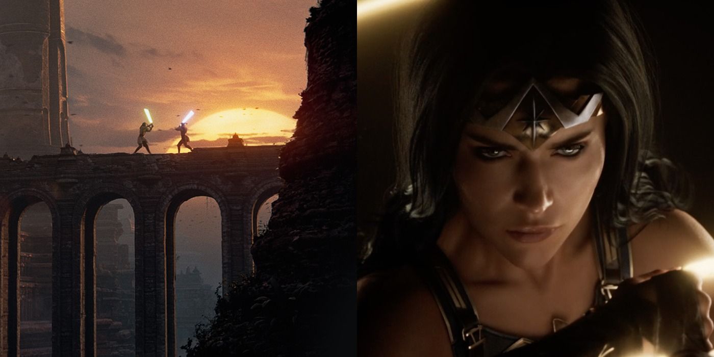 Split image of Jedi sparring in Star Wars: Eclipse and Wonder Woman in their respective game trailers