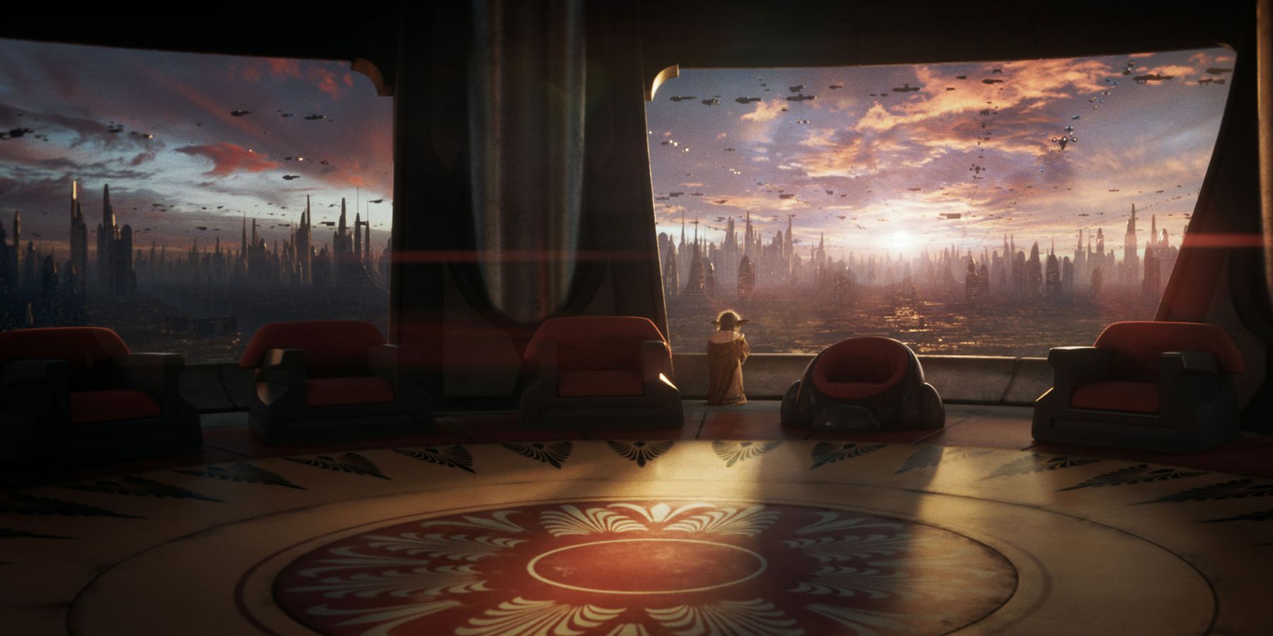 Yoda stands in an empty Jedi Council room, looking out the window in Star Wars Eclipse