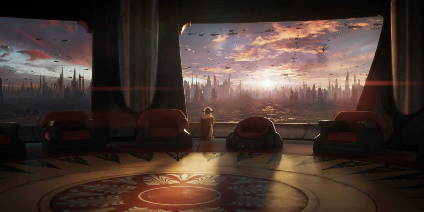 Yoda stands in an empty Jedi Council room, looking out the window in Star Wars Eclipse