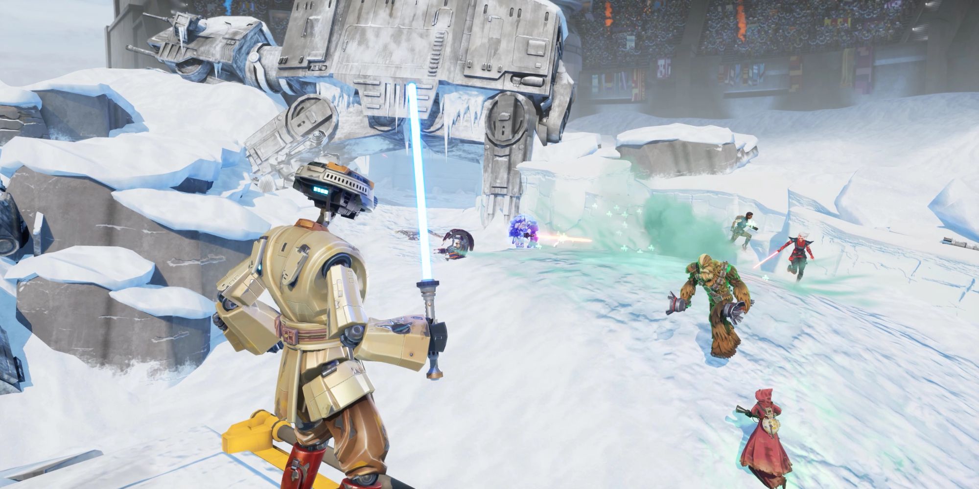Cuplikan pertempuran di Pemburu Star Wars, dengan karakter droid memegang lightsaber melihat jarak dekat di lingkungan yang menyerupai Hoth.