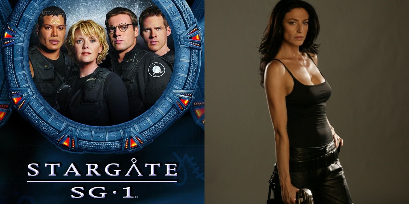 Split image of Stargate SG-1's promo with the cast and Black in costume holding a gun as Vala Mal Doran