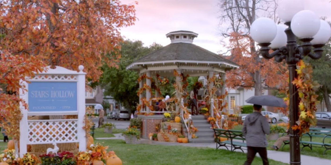 Stars Hollow em um dia de outono em Gilmore Girls