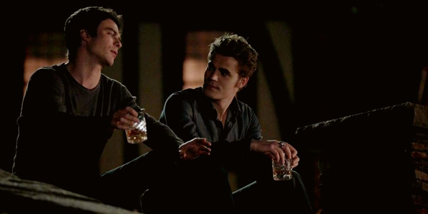 Stefan and Damon sit while Stefan gives Damon relationship advice