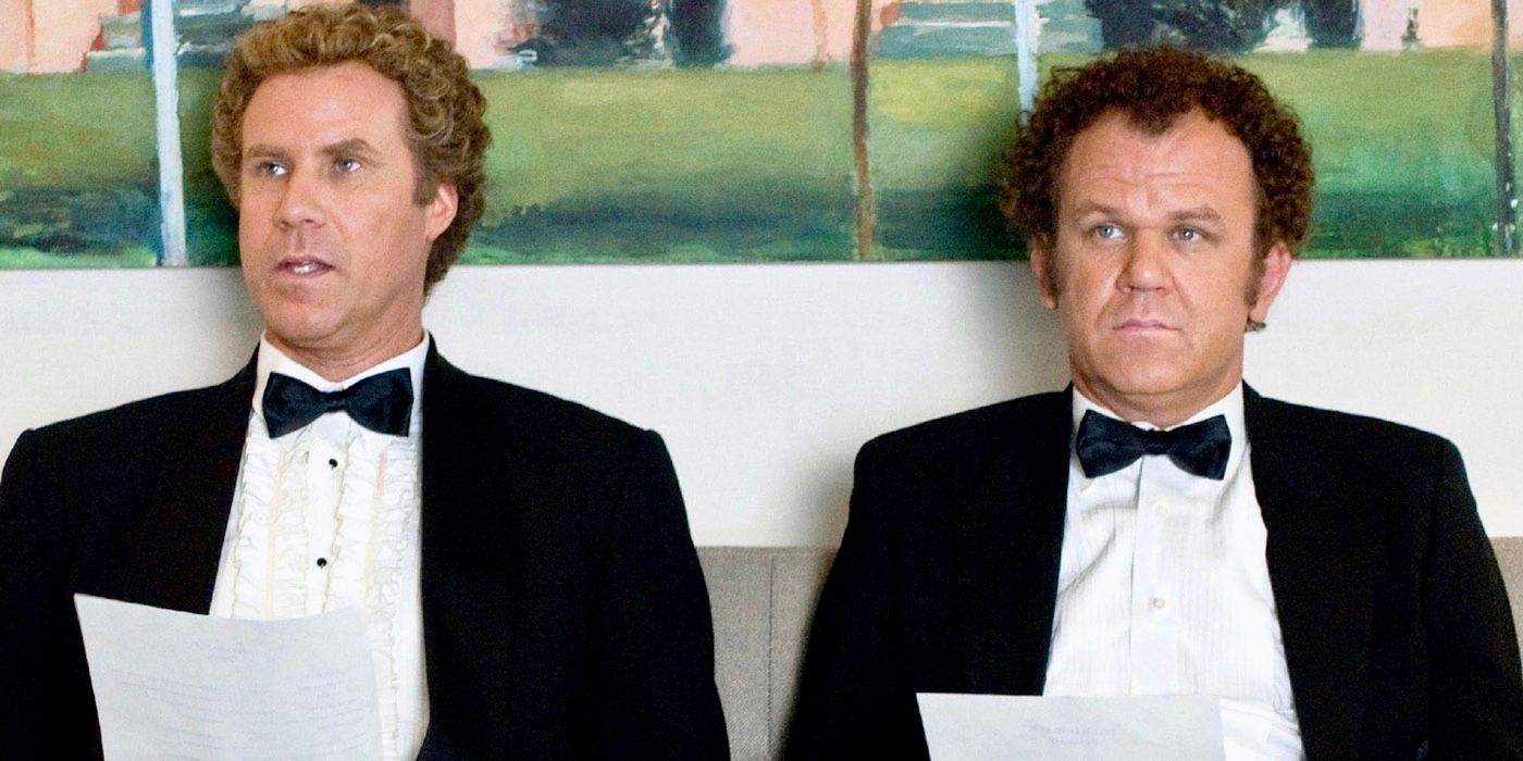 Will Ferrell and John C Reilly wearing tuxedos to an interview in Step Brothers