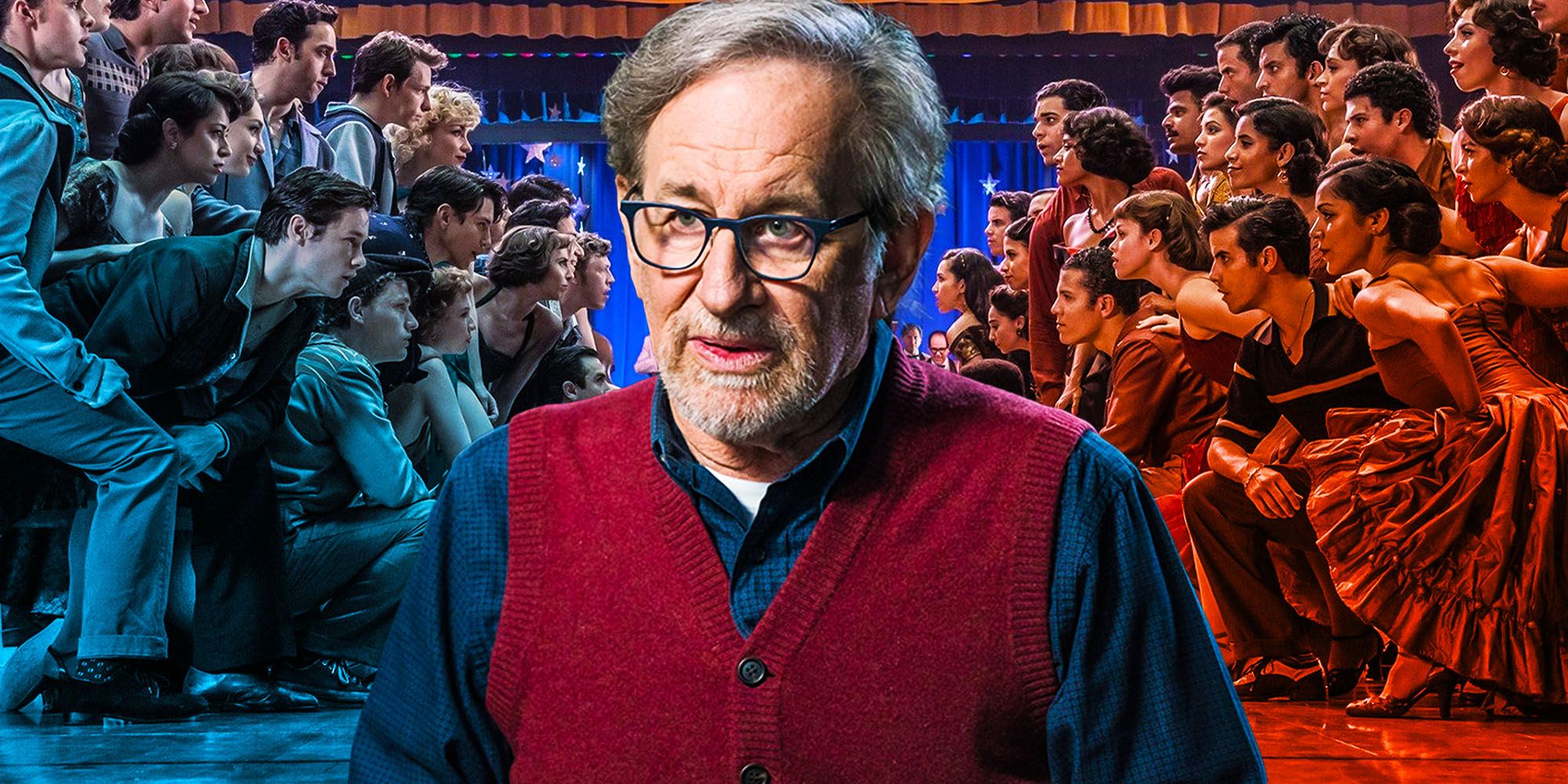 Blended image showing Steven SPielberg and the cast of WSS