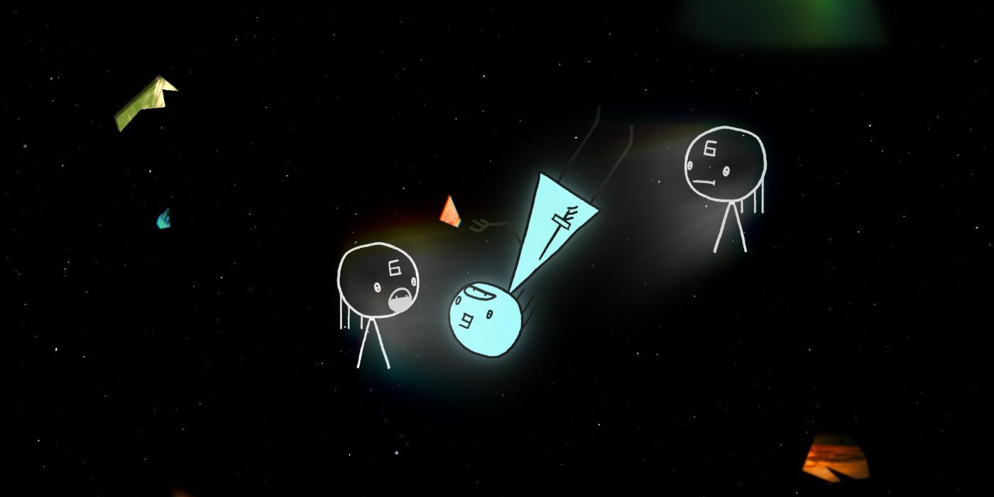 Stick figures floating in space in World of Tomorrow Episode Two- The Burden of Other People’s Thoughts.