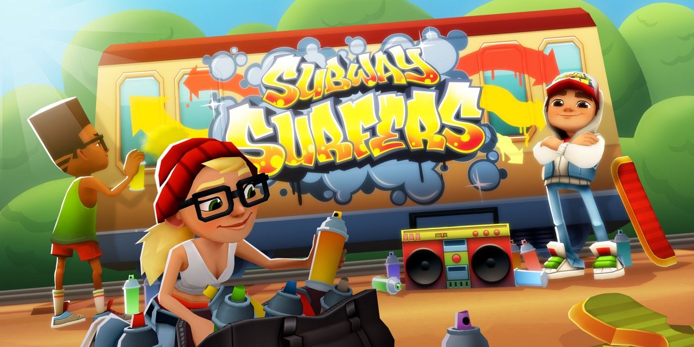 Subway Surfers characters spray painting the side of a subway car