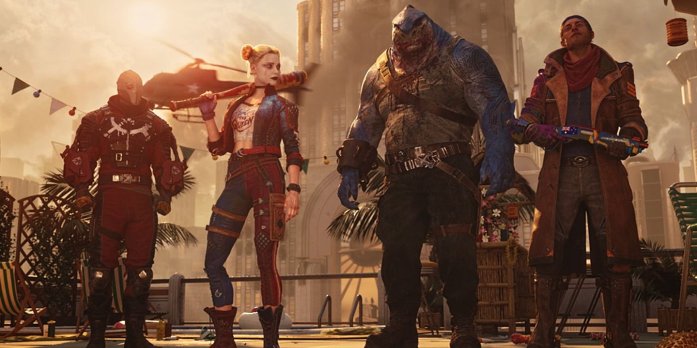 Deadshot, Harley Quinn, King Shark e Captain Boomerang em Suicide Squad: Kill the Justice League