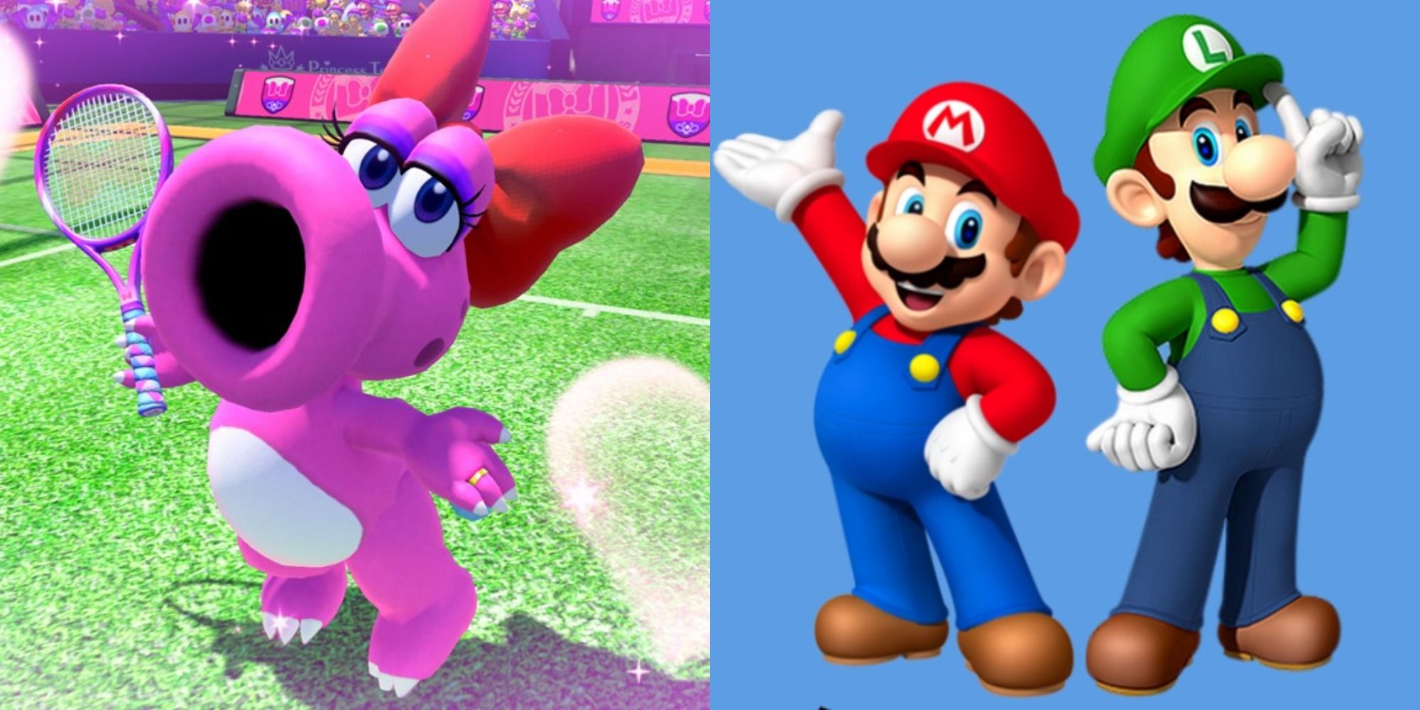 Split image showing Birdo and Mario and Luigi from the Mario franchise