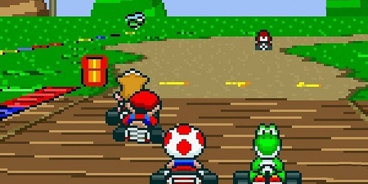Toad, Yoshi and other racers in Super Mario Kart 1992