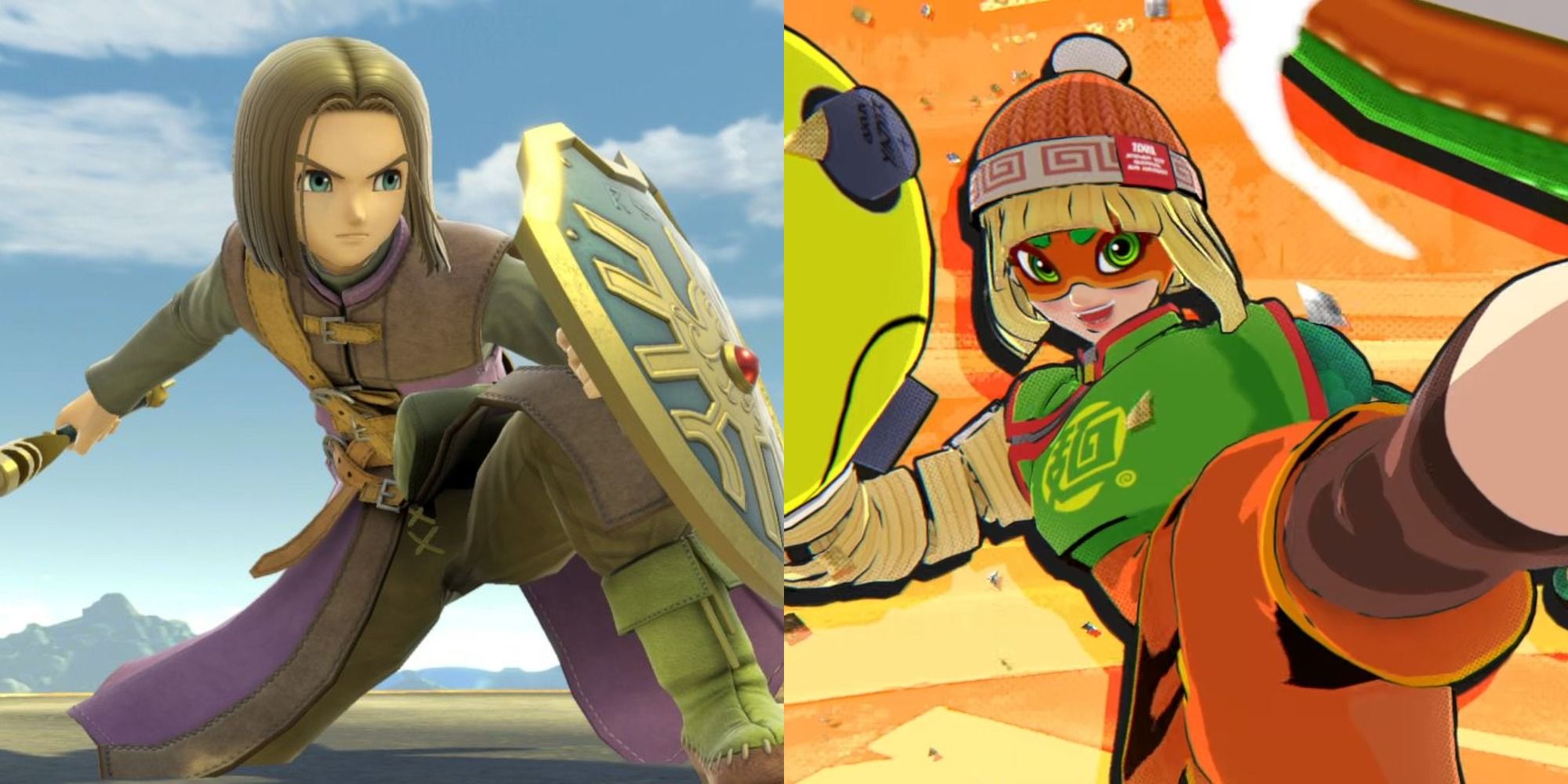 Split image showing Hero and Min Min in Super Smash Bros. Ultimate