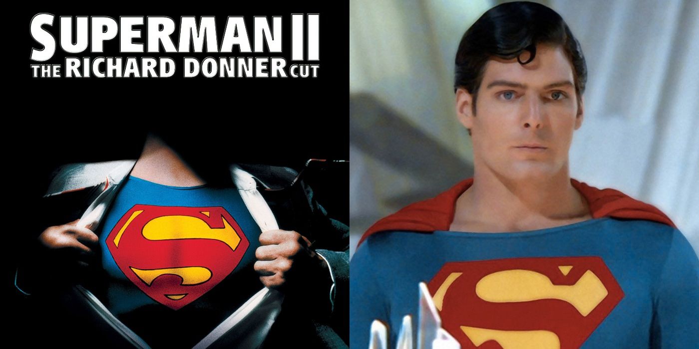 Split image over Superman II's director cut cover art with Reeve changing into his suit, and Reeve in the full Superman suit