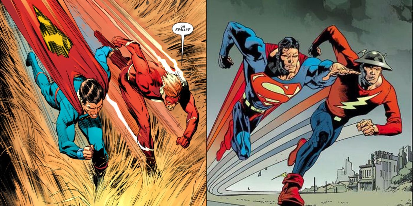 Split image of Superman racing Wally West through tall grass and Jay Garrick outside of a city in the comics