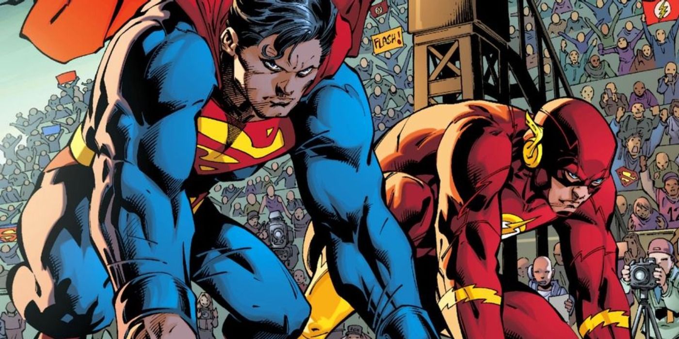 Superman and the Flash crouched and ready to race in the comics