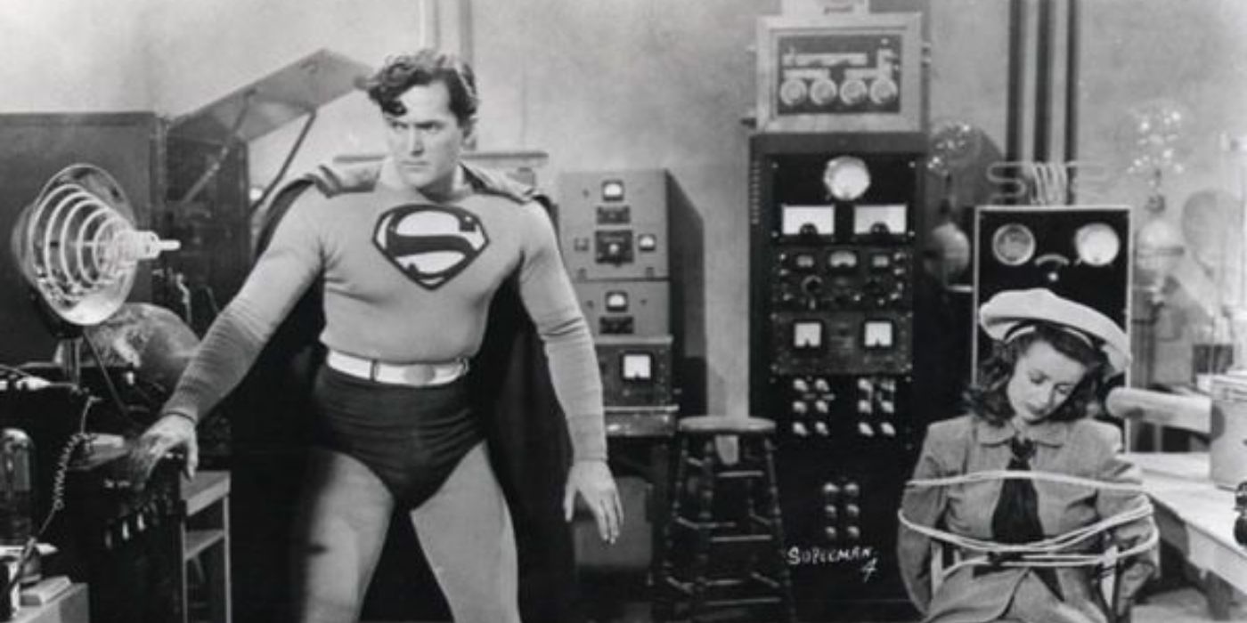 Superman rescuing Lois Lane tied to a chair in Superman (1948)