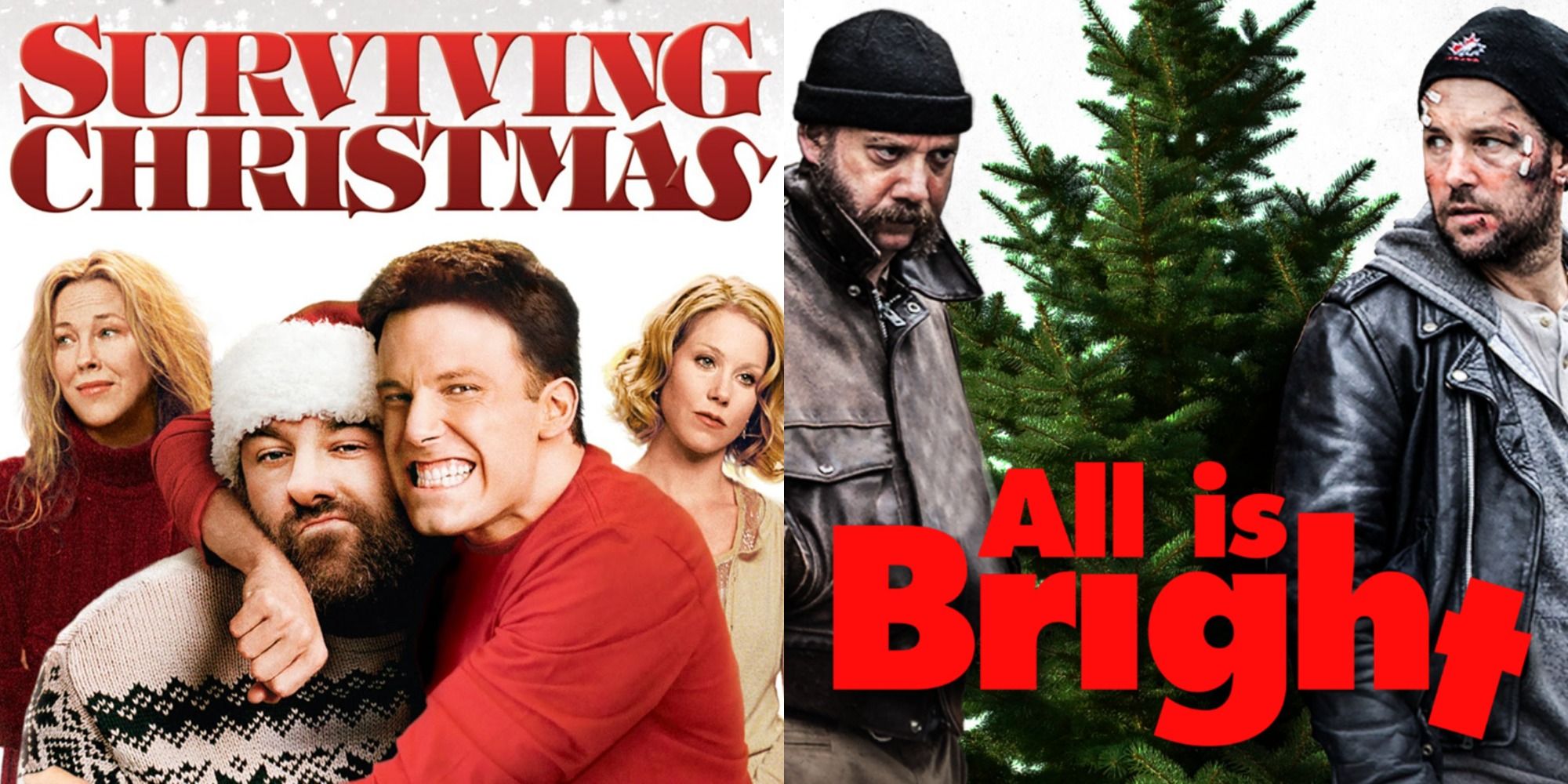 Split image showing posters for Surviving Christmas and All is Bright