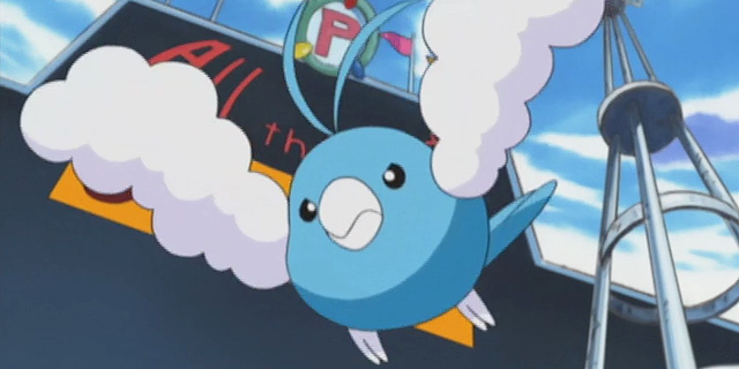 Swablu flies downward in the Pokemon anime