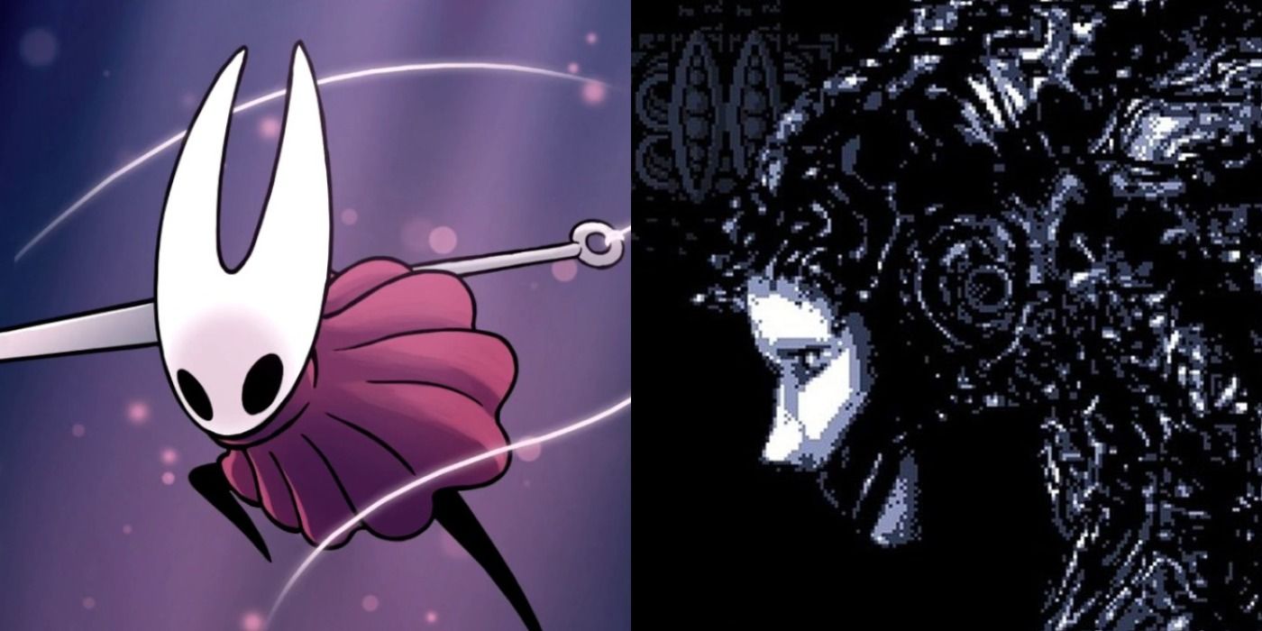 Split image of scenes from Hollow Knight and Axiom Verge