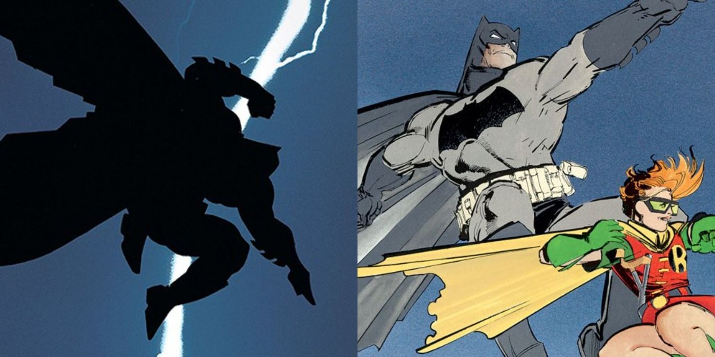 Split image of Batman leaping through the air lit by lightning and jumping into action with Carrie Kelly as Robin