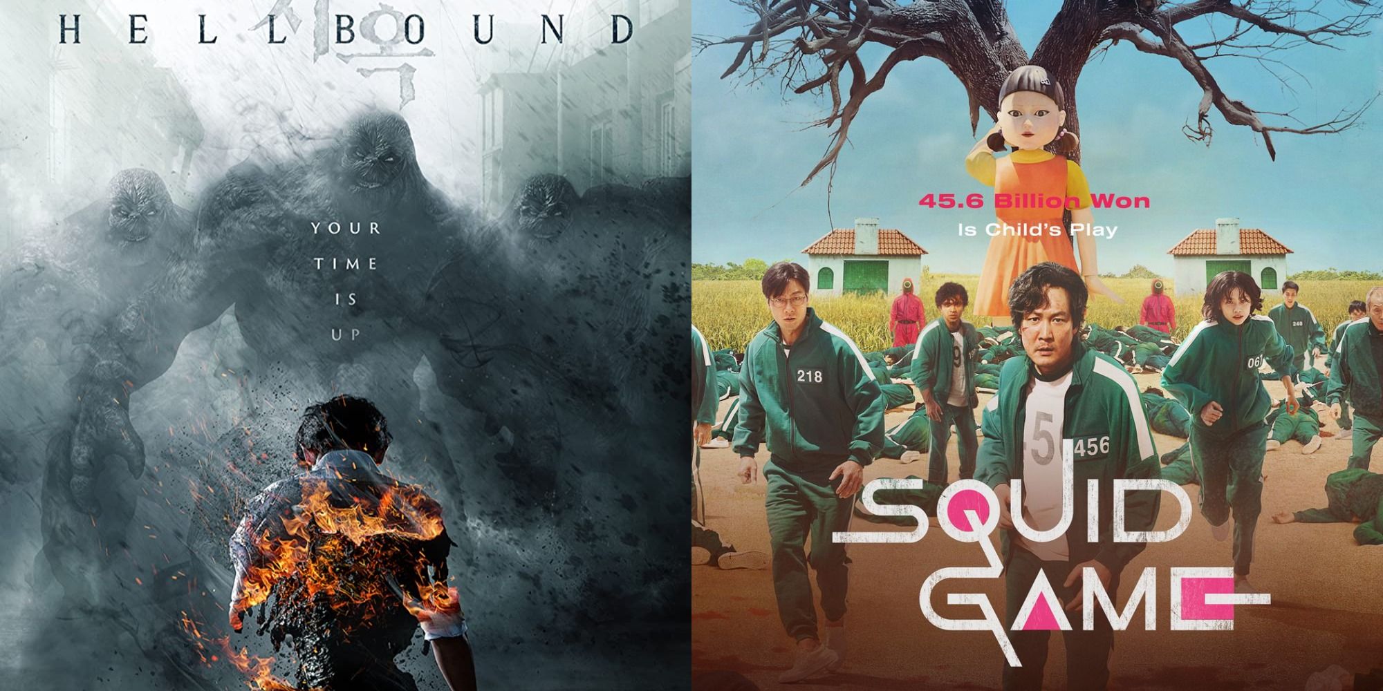 Split image showing posters for the Netflix shows Hellbound and Squid Game