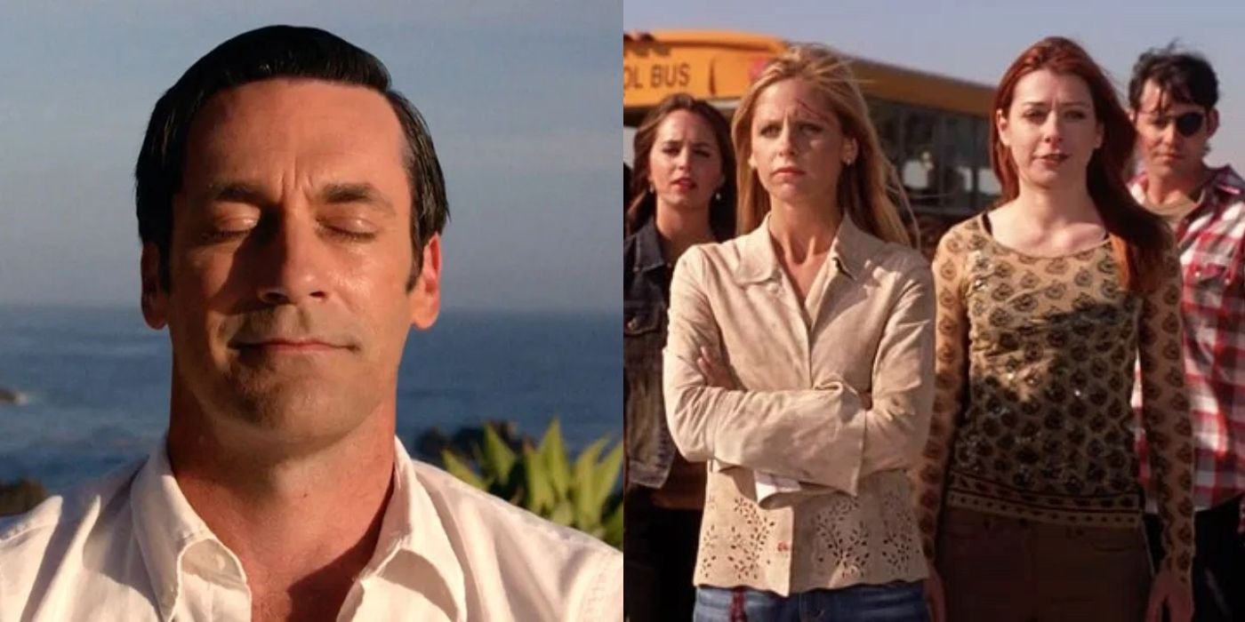 Split image of Don Draper in the Mad Men finale and Buffy and Willow in the Buffy The Vampire Slayer finale