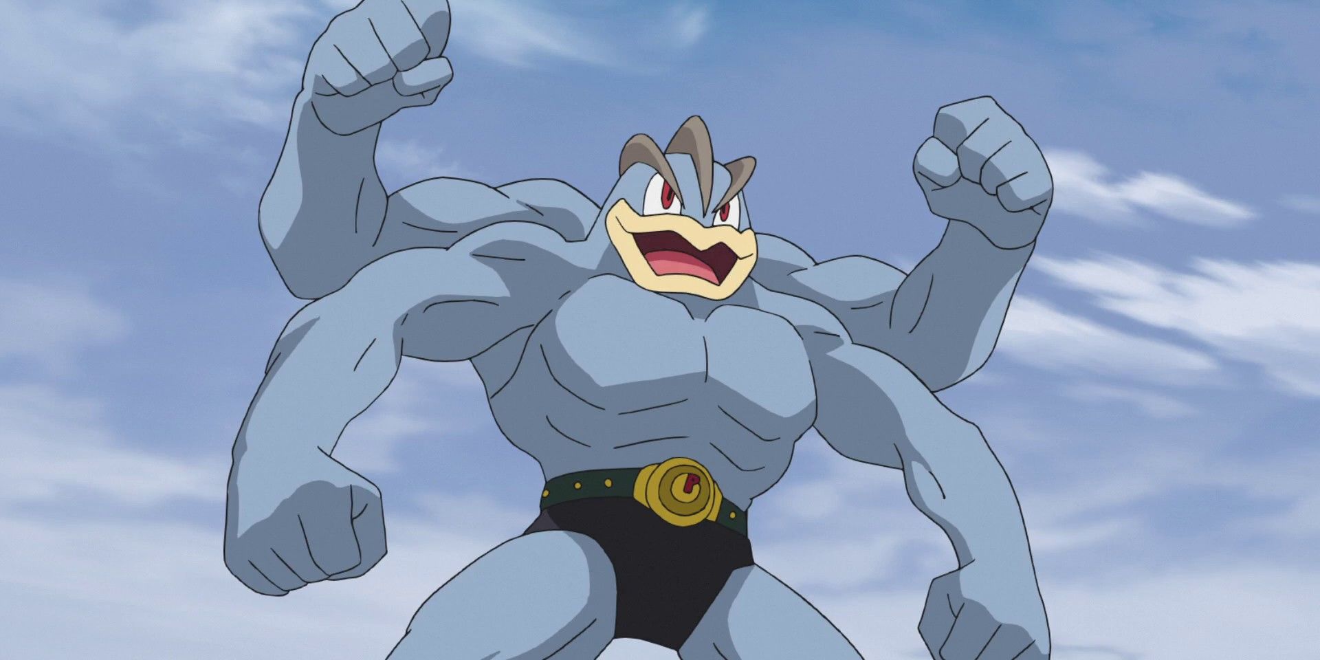 Machamp flexes his muscles in Pokemon