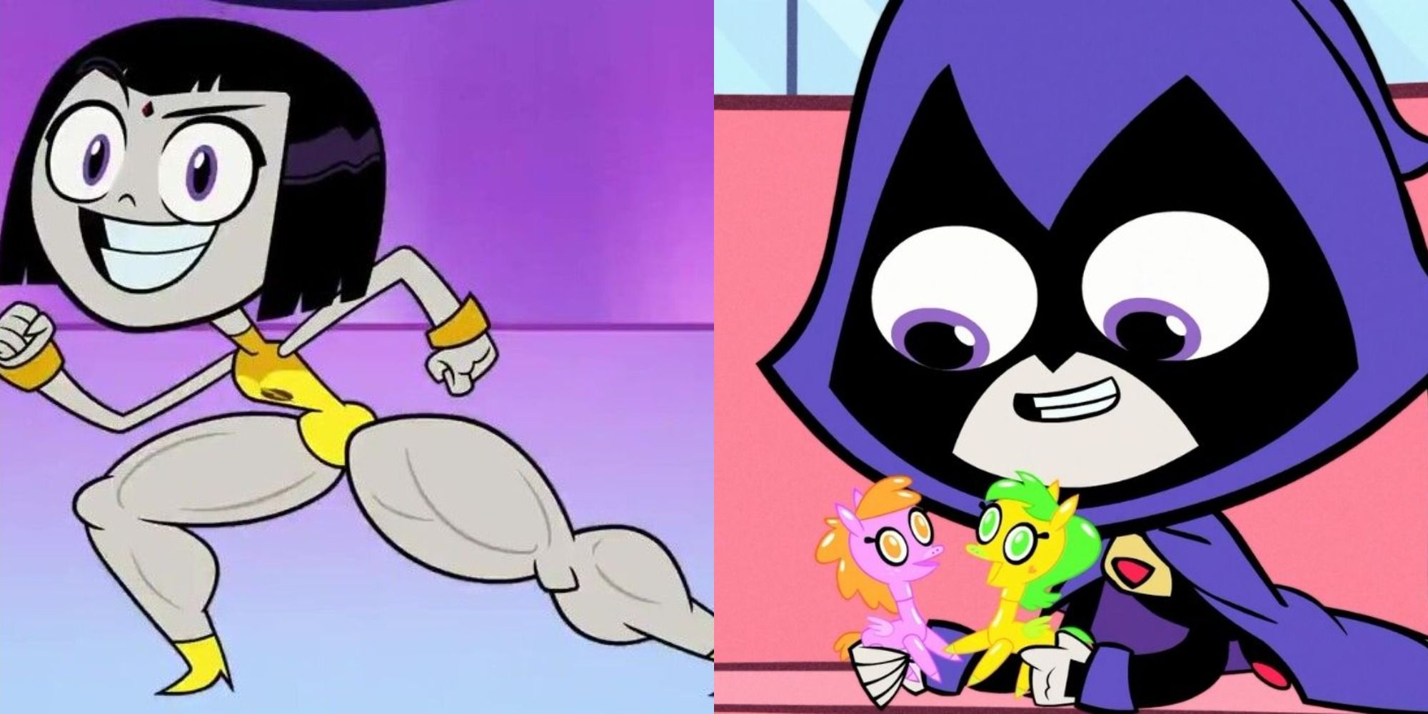 Split image showing Raven as Lady Legasus and playing with the Pretty Pegasi in Teen Titans GO