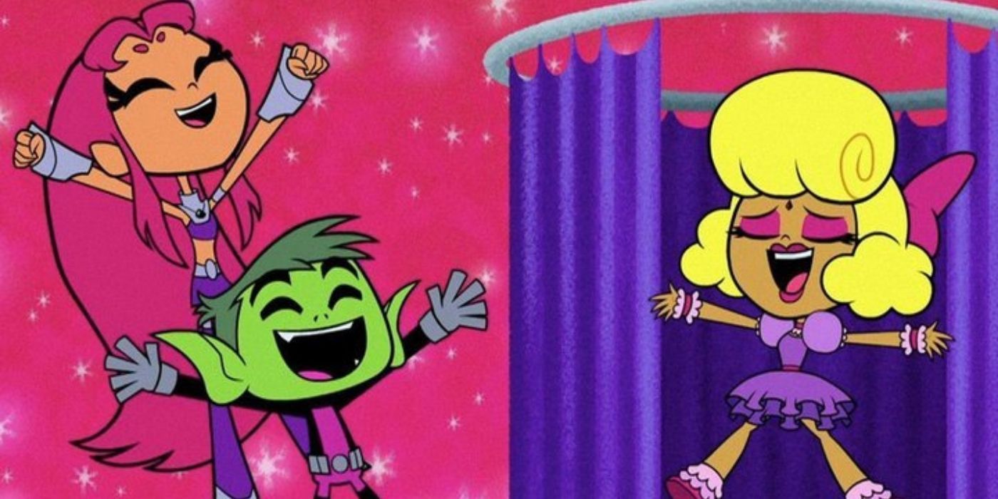Starfire and Beast Boy celebrate with Raven in Teen Titans GO