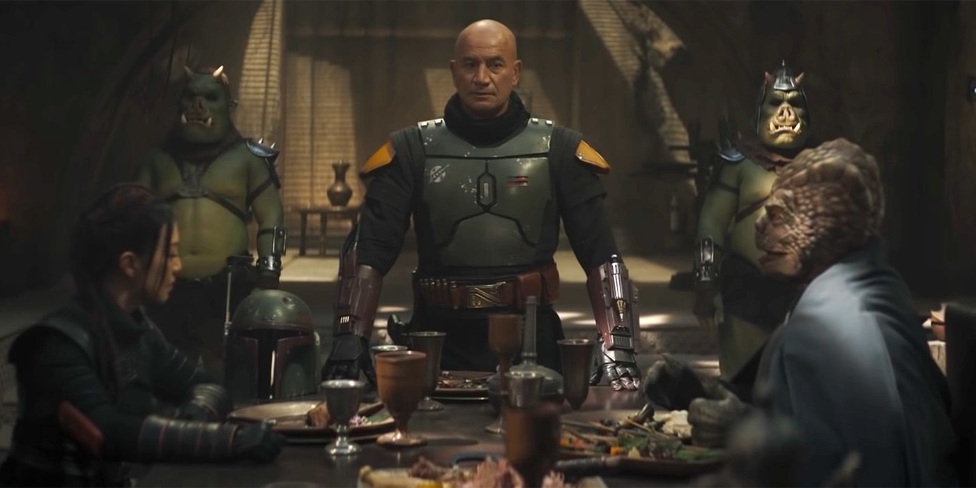 Temuera Morrison standing at the head of a table in The Book of Boba Fett