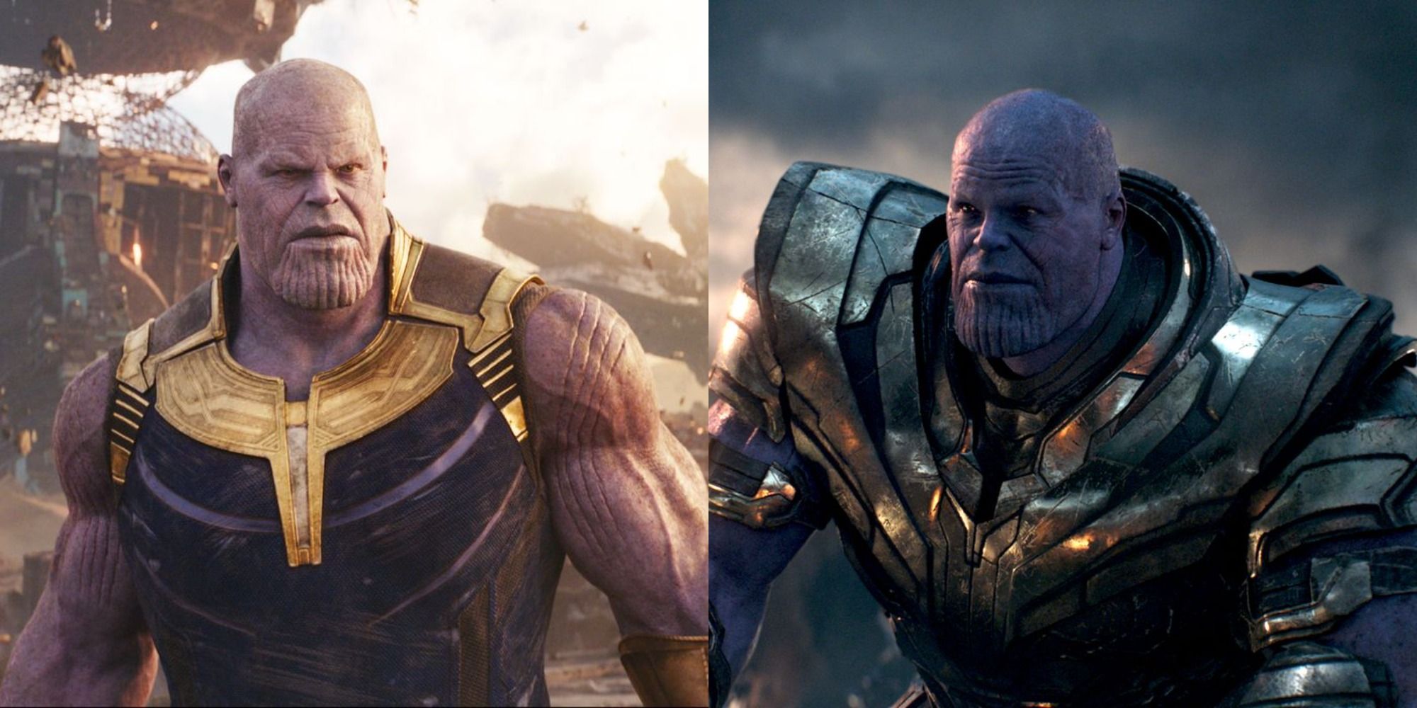 Split image showing Thanos at Titan and at Earth in Infinity Wars and Endgame