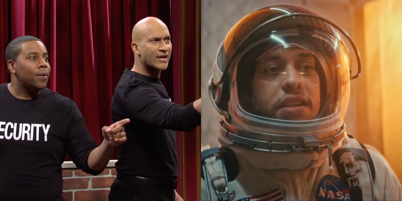 Two side by side images of sketches from SNL's 2021 season.