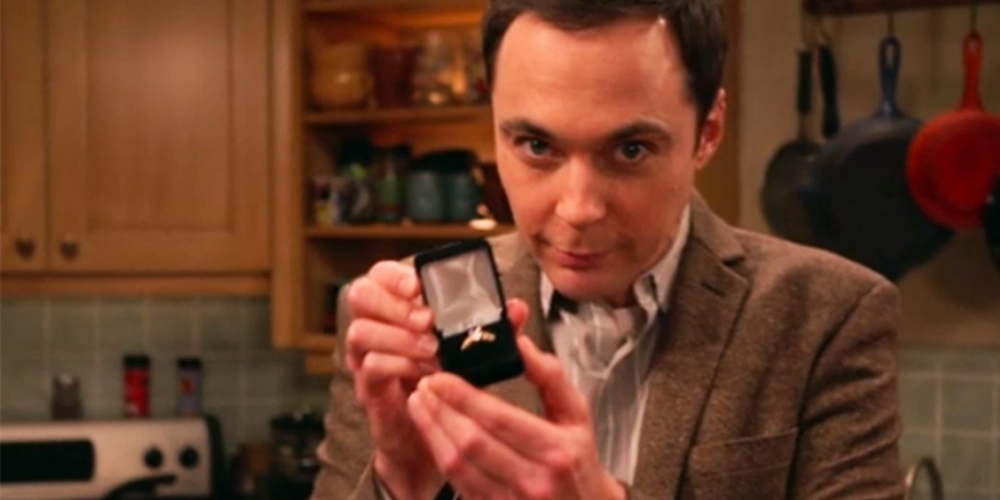 Shleodn showing an engagement ring to the camera in TBBT