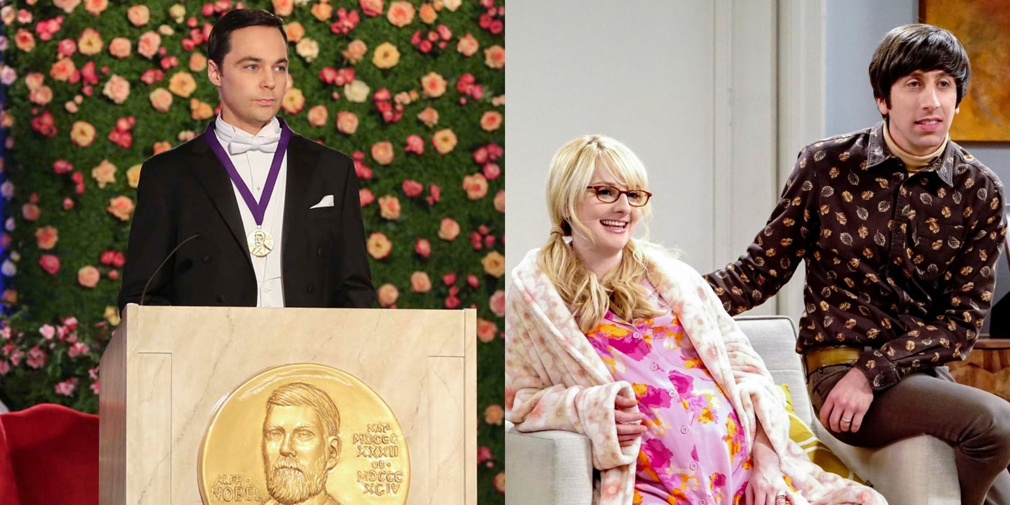 Split image showing Sheldon during his Nobel speech and a pregnant Bernadette with Howard in TBBT