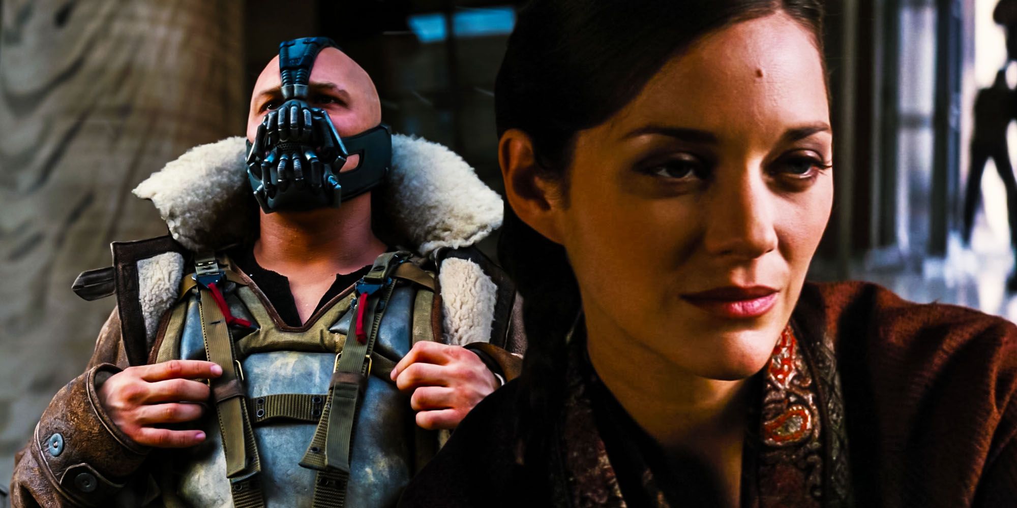 A split image of Bane (Tom Hardy) and Talia al Ghul (Marion Cotillard) in The Dark Knight Rises.