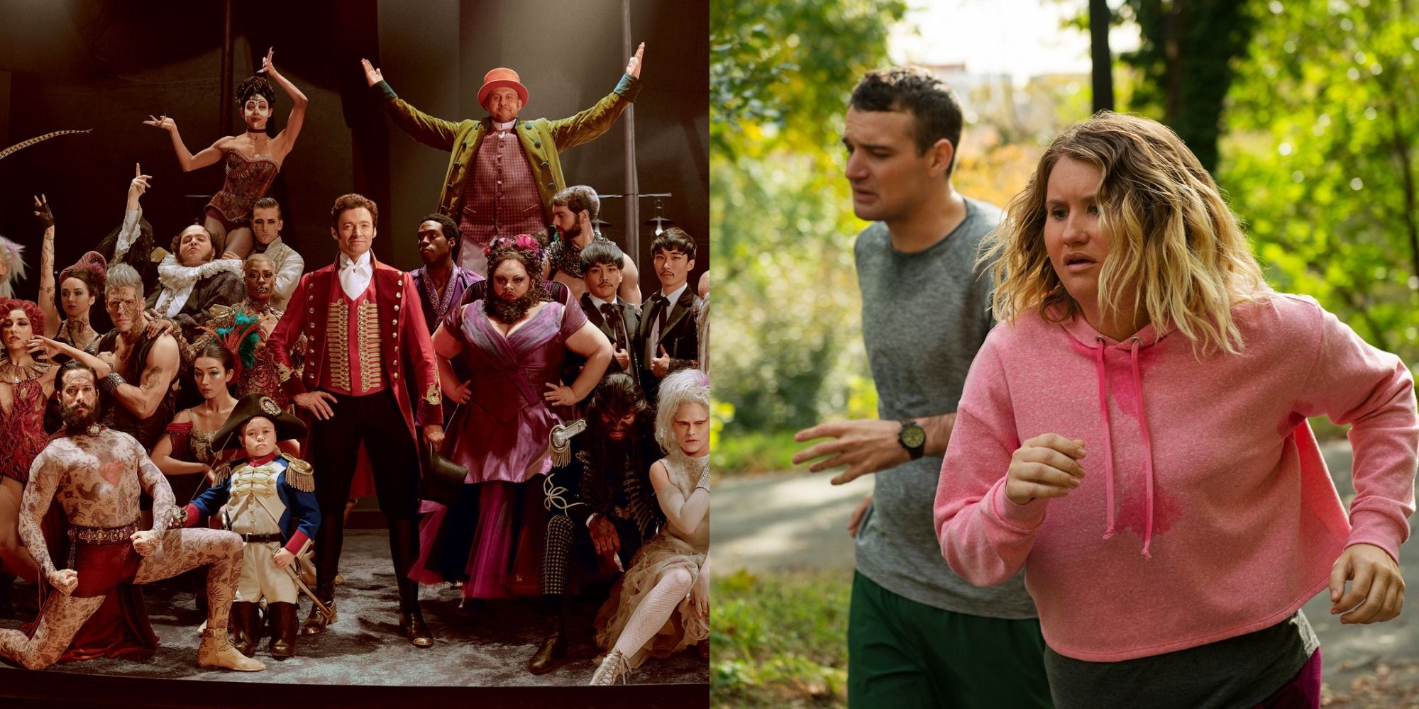 Split image showing scenes from The Greatest Showman and Brittany Runs a Marathon