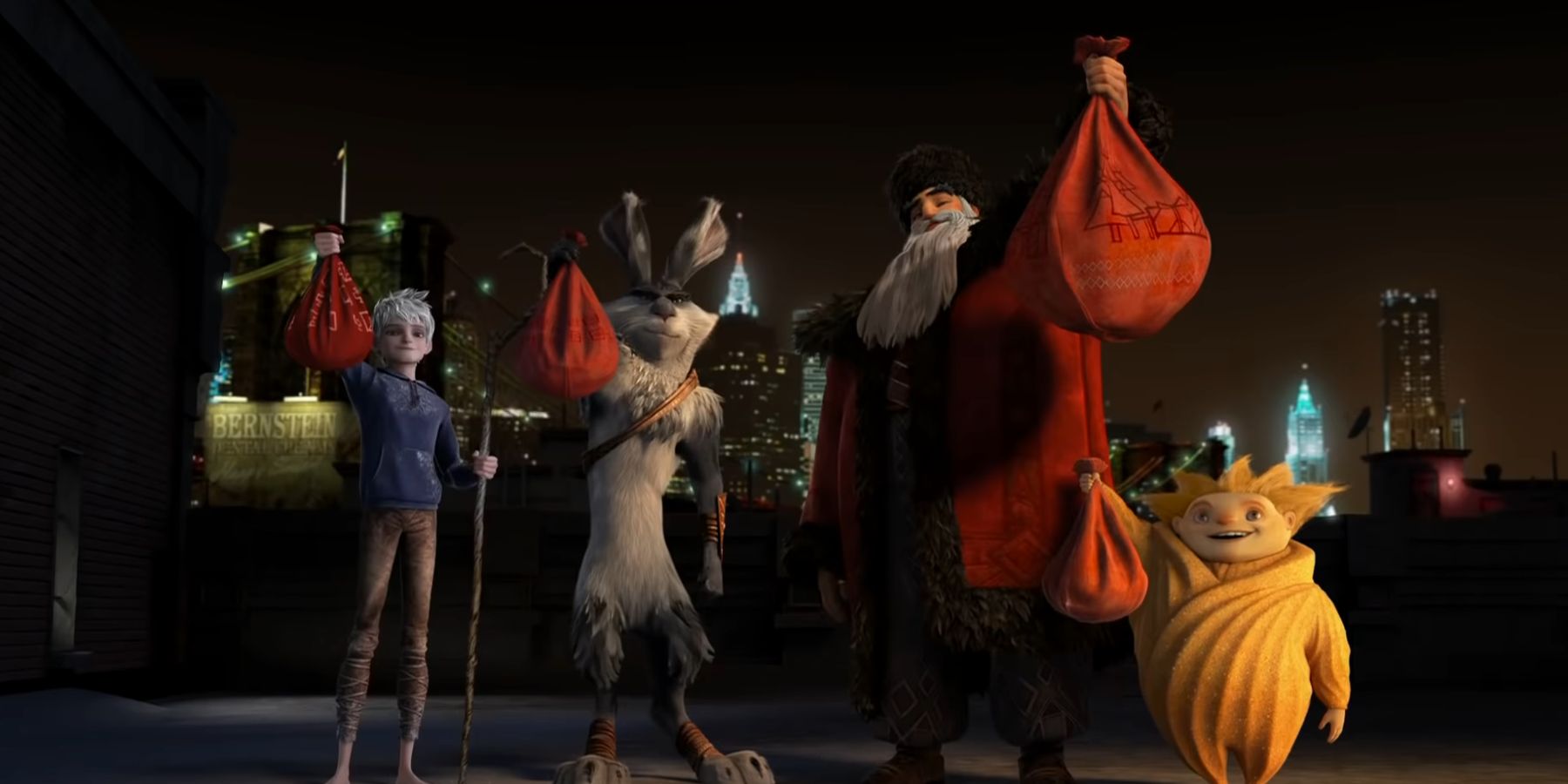 The Guardians holding up bags of teeth in Rise Of The Guardians
