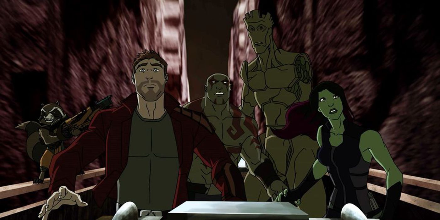 The Guardians of the Galaxy look on in their cartoon.