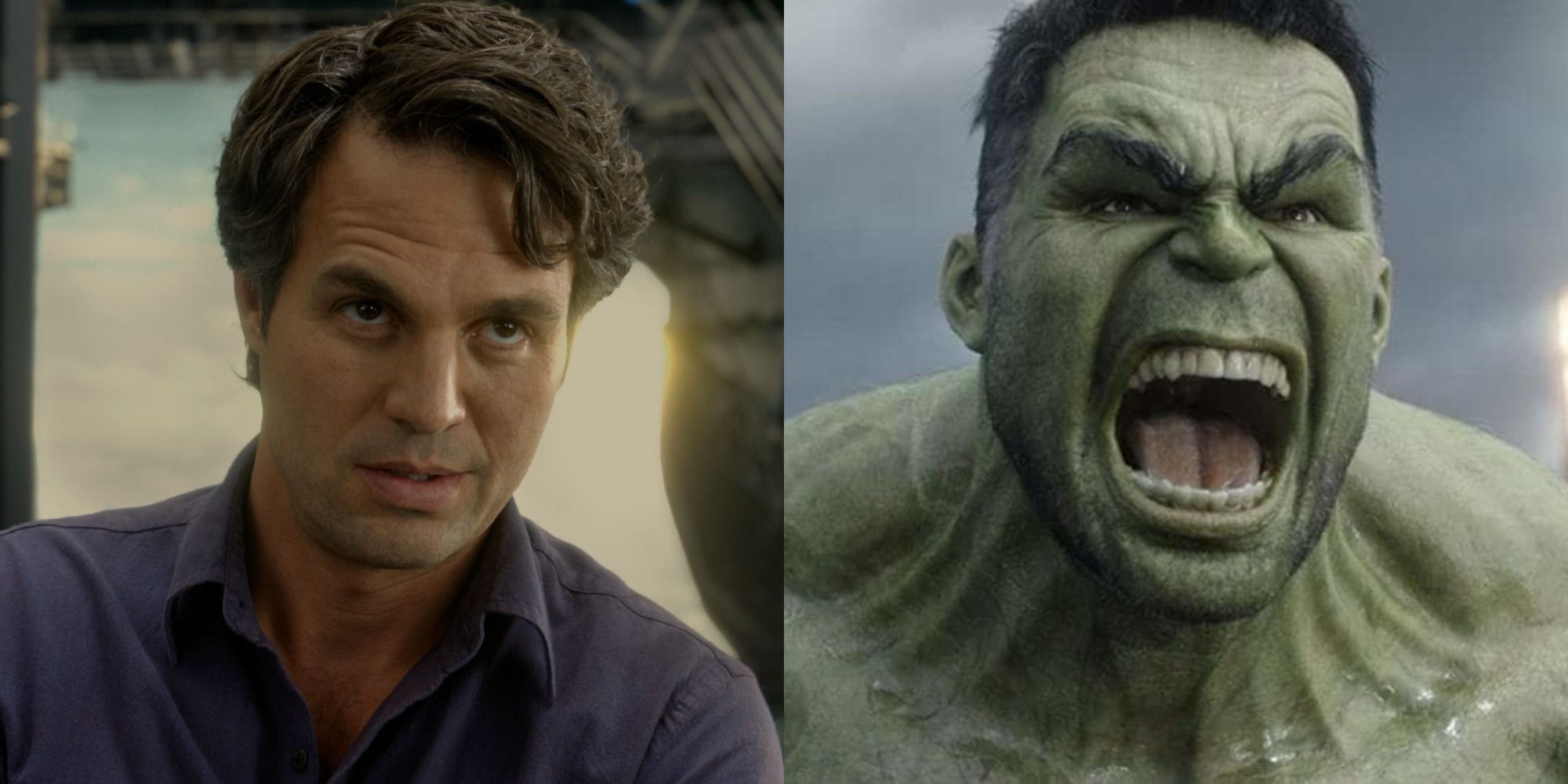 Split image of Bruce Banner and The Hulk roaring