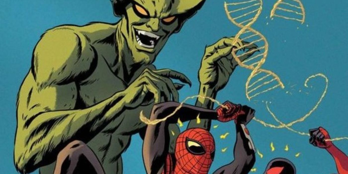 The Jackal toying with the Spider-Men using his DNA-stylized strings