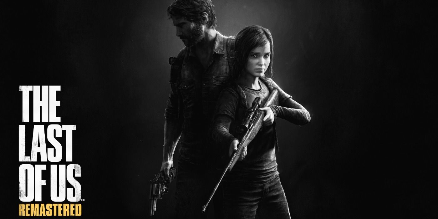 Promo art of The Last of Us Remastered featuring Ellie and Joel with guns drawn